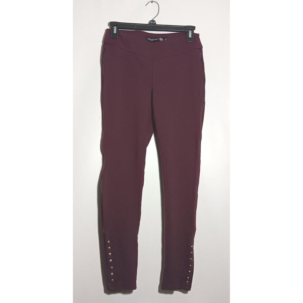 One5One Womens Studded Leggings Size M Burgundy Black Faux Leather Trim Low Rise